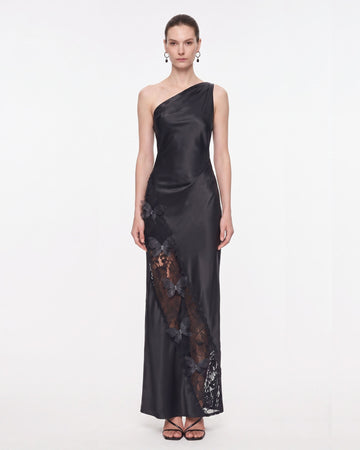 Lace Panel One-Shoulder Satin Maxi Dress - Black