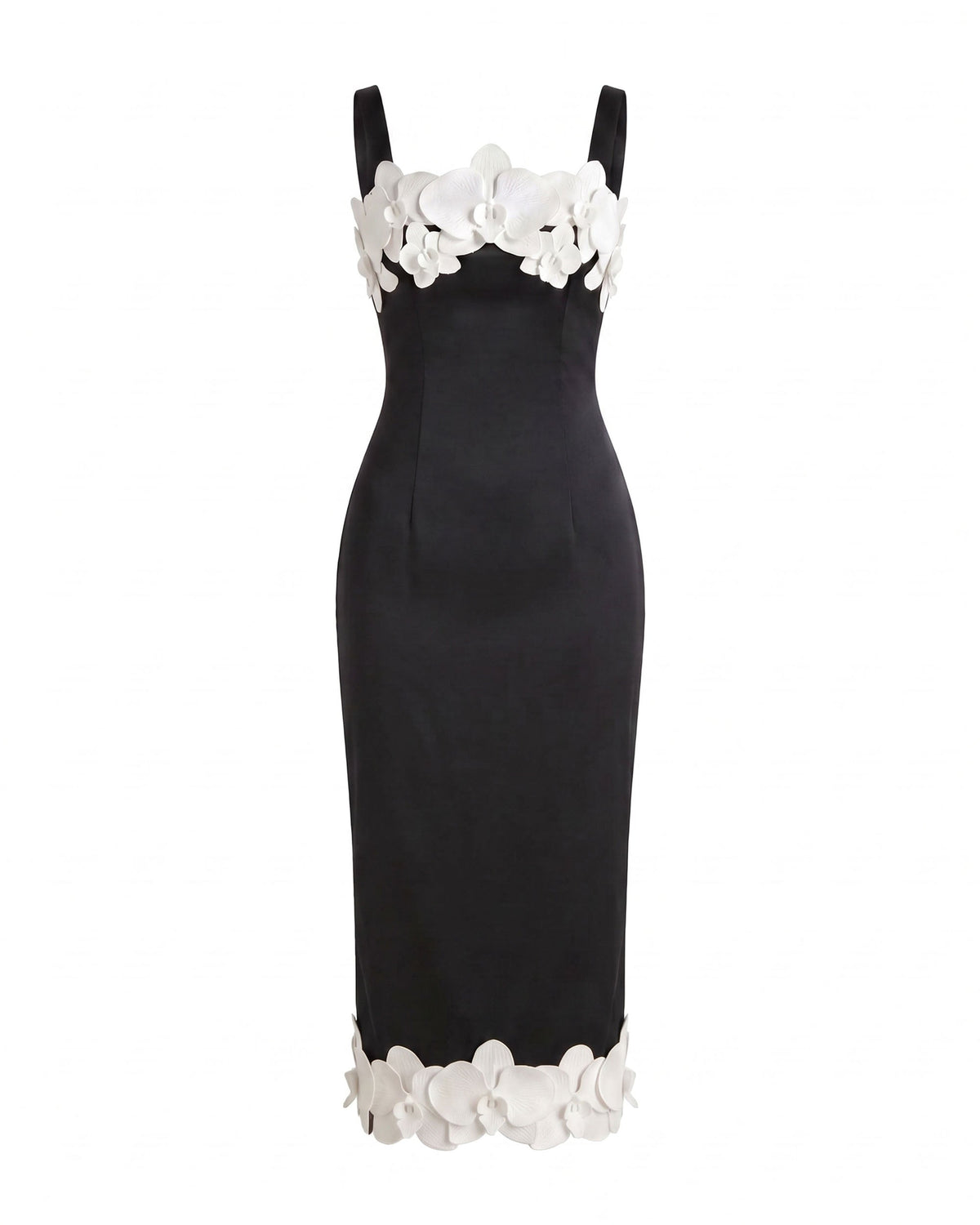 Orchid Embroidered Strappy Square Neck Midi Dress - Black