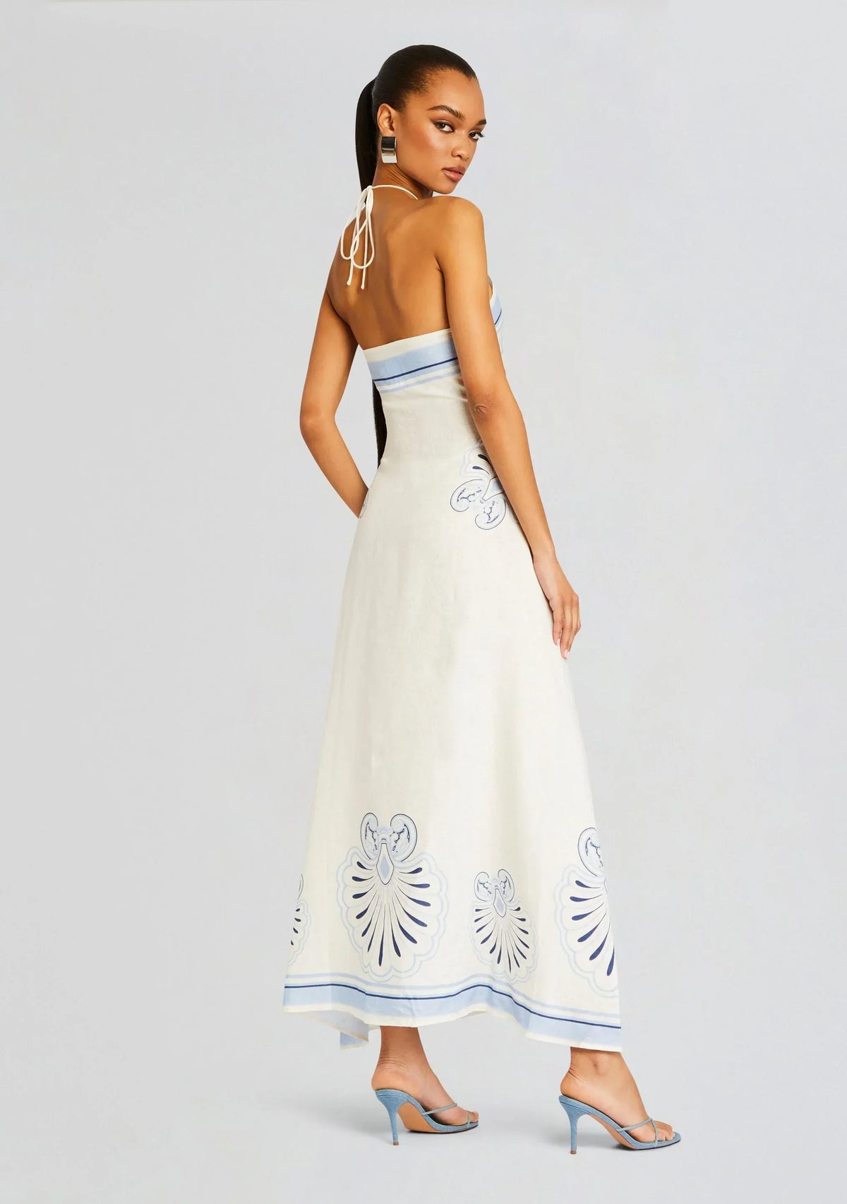 Cobalt Petal Linen Halter Maxi Dress