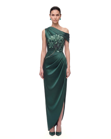 Floral One-Shoulder Draped Slit Maxi Dress - Emerald Green