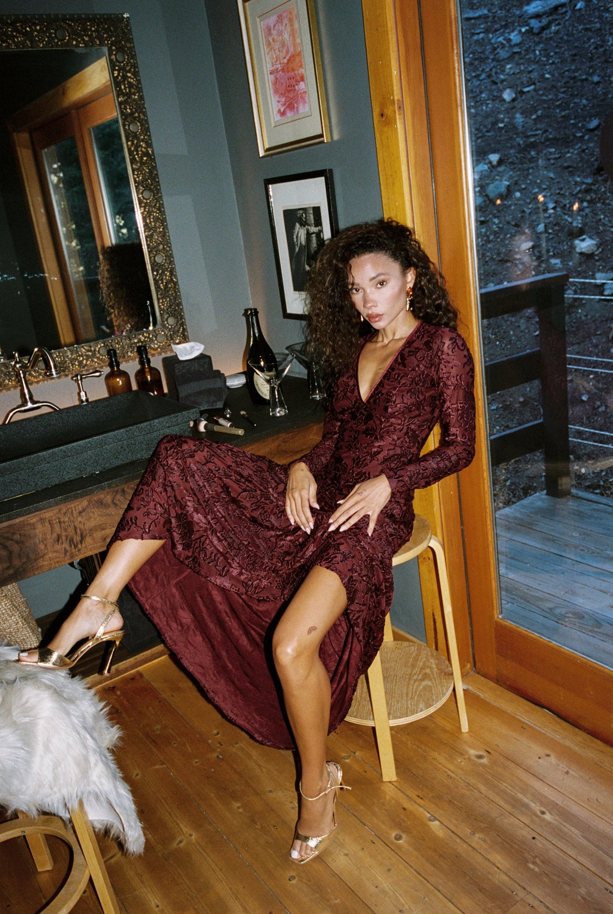 Angela Mulberry Velvet Burnout Long Sleeve Maxi Dress