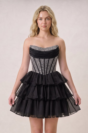 Black Strapless A Line Chiffon Beaded Mini Homecoming Dresses With Ruffles
