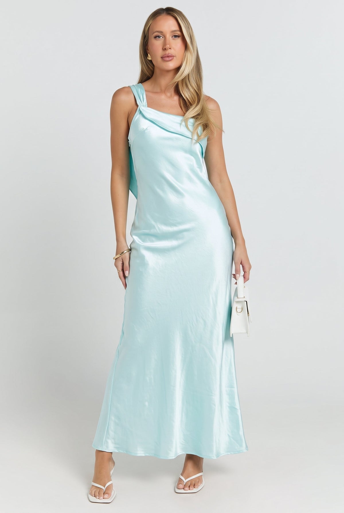 Greek Island Sunsets Satin One Shoulder Maxi Dress