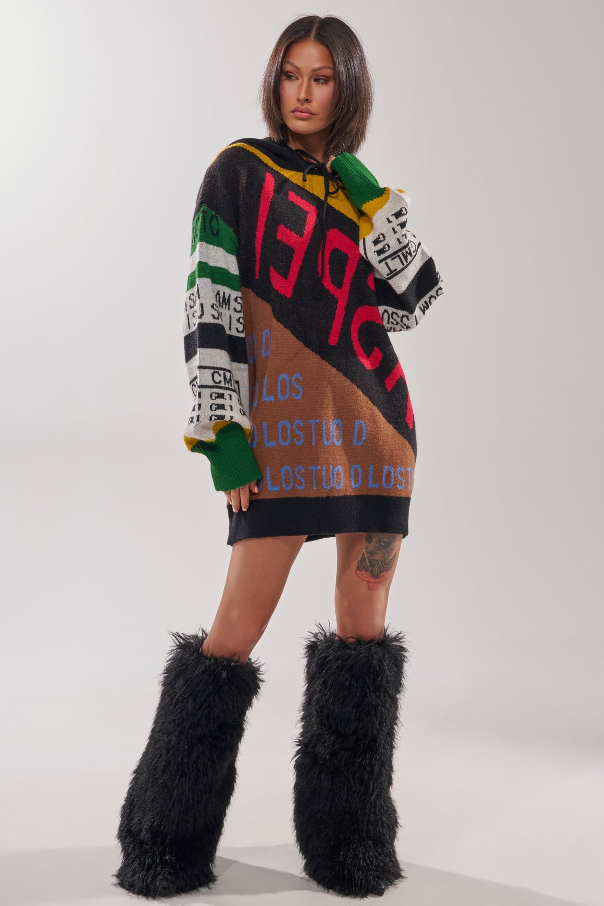 Alpha Female Hooded Sweatshirt Dress In Yellow Multi