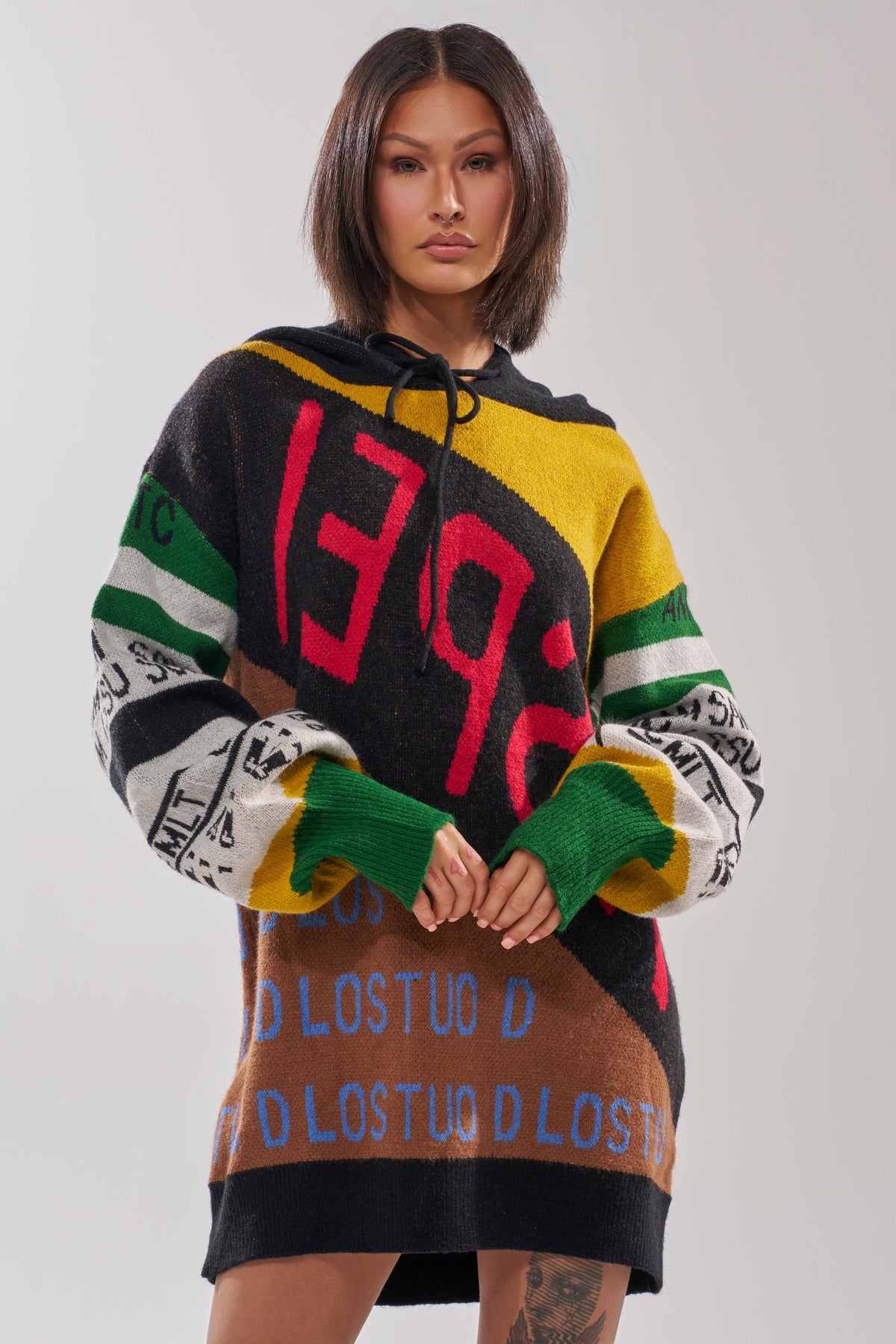Alpha Female Hooded Sweatshirt Dress In Yellow Multi