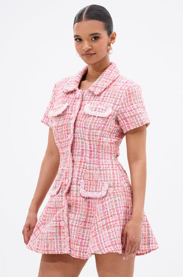 Take Notes Tweed Mini Dress In Pink