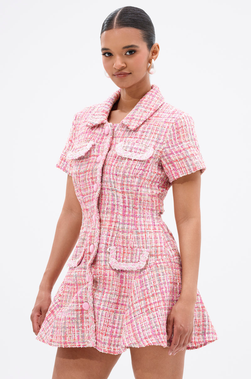 Take Notes Tweed Mini Dress In Pink