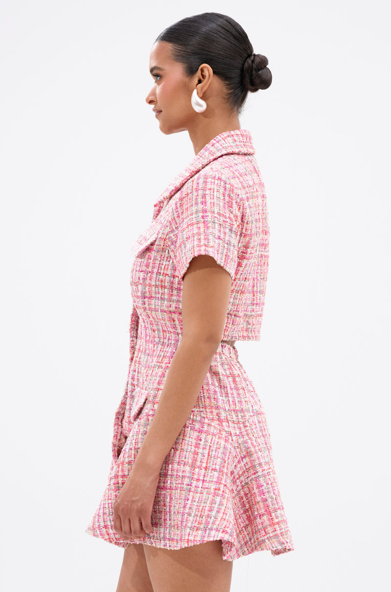 Take Notes Tweed Mini Dress In Pink