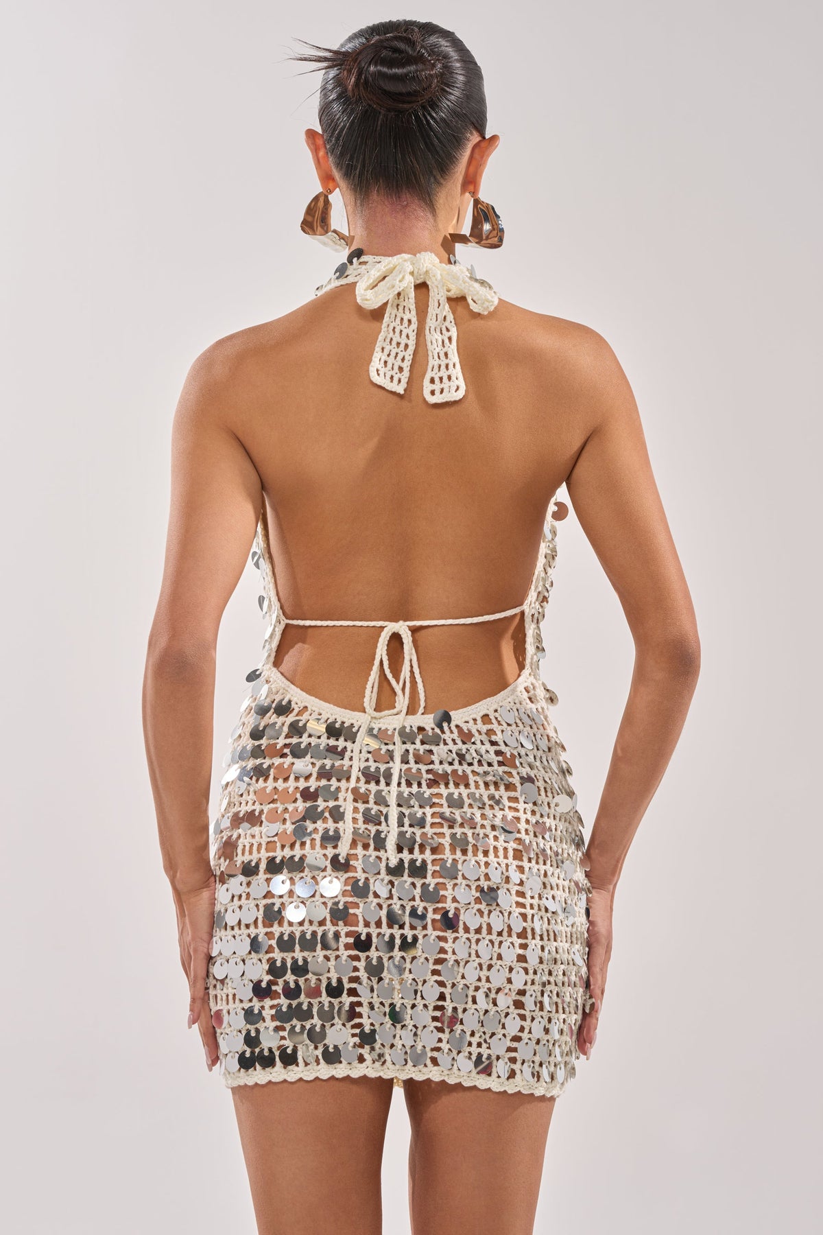 Ariel Sequin Crochet Mini Dress In White
