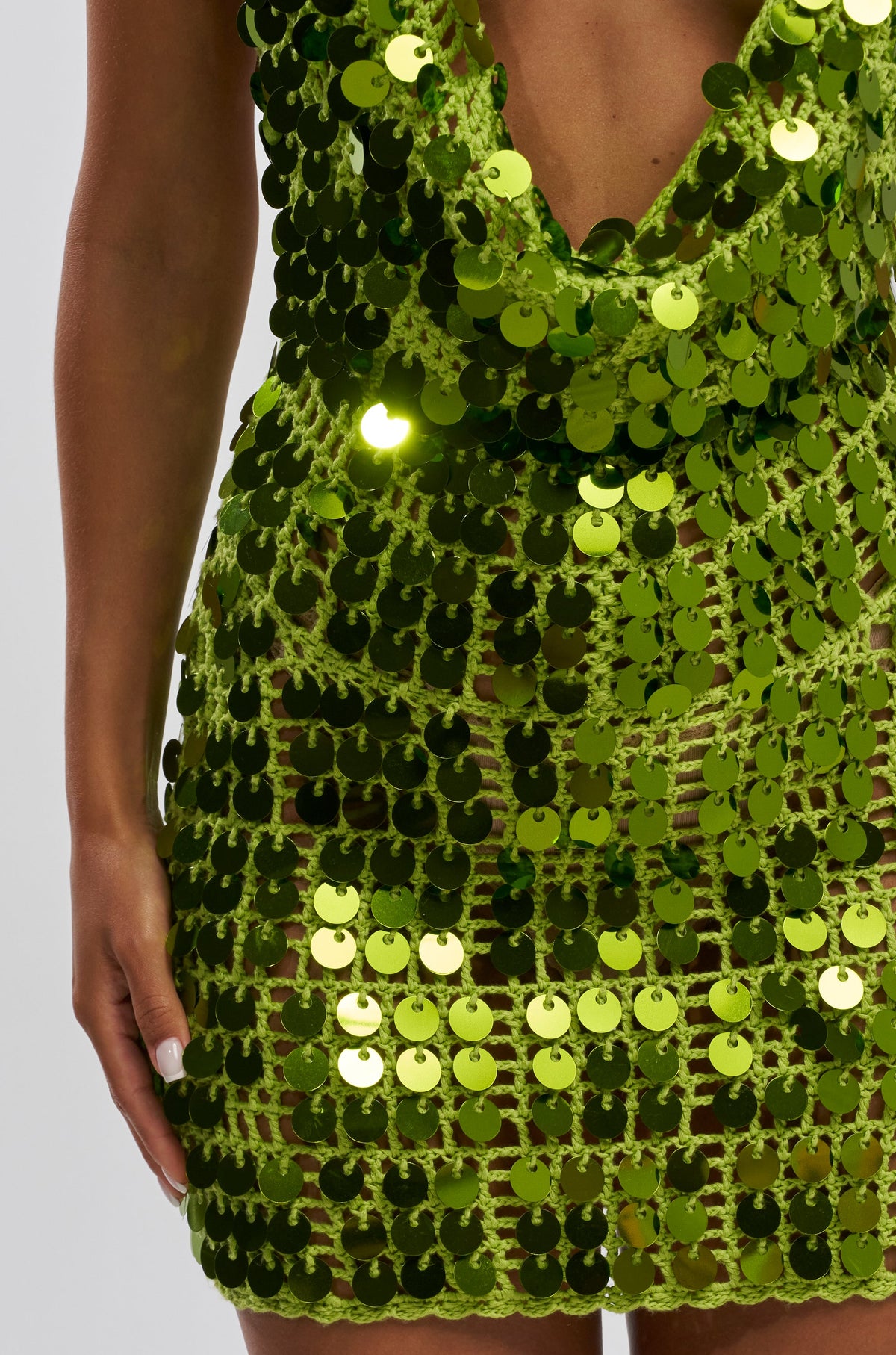 Ariel Sequin Crochet Mini Dress In Green