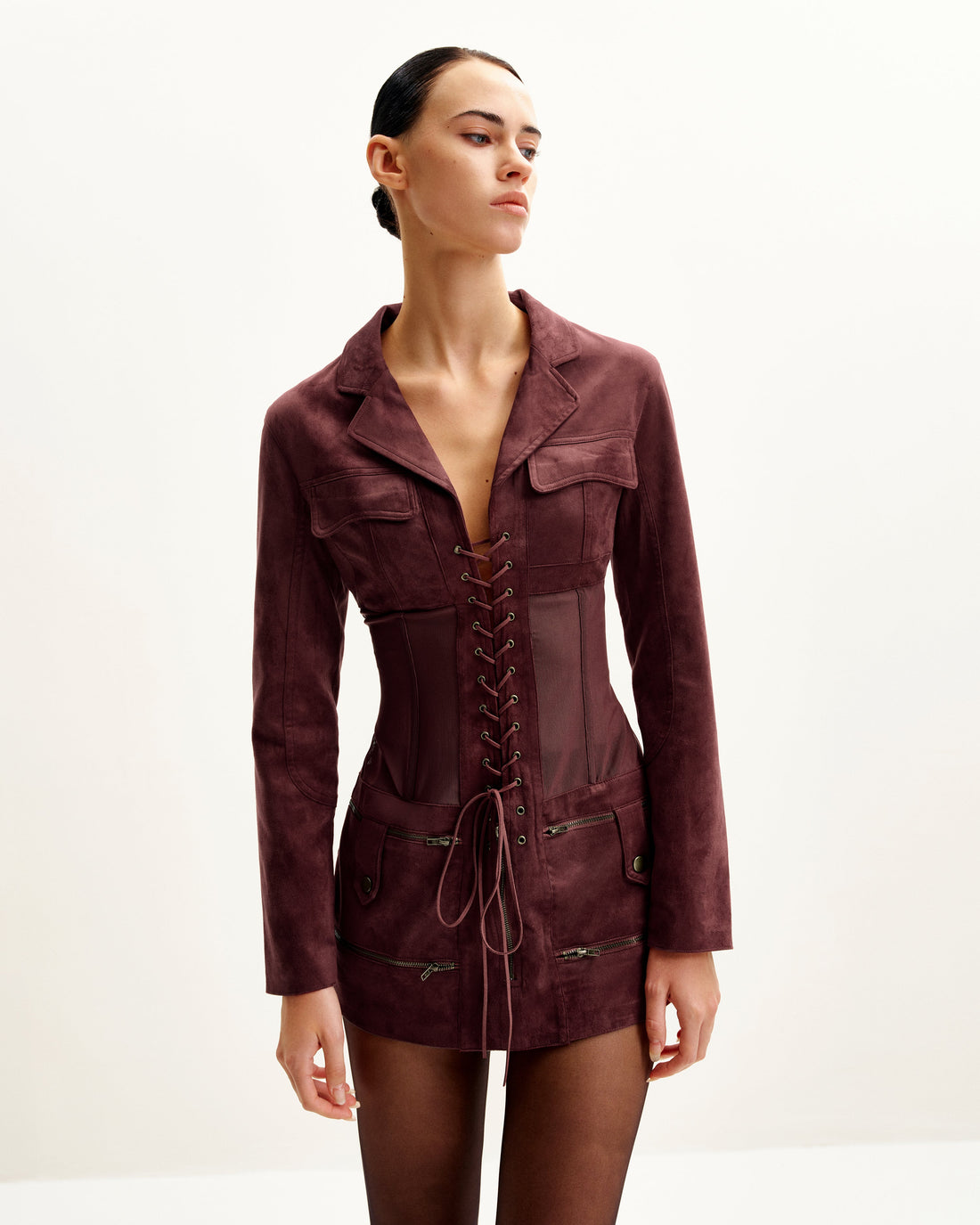 Faux Suede Corset Jacket Mini Dress - Claret
