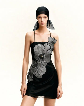 Orchid Appliqué Mini Dress - Black/Silver