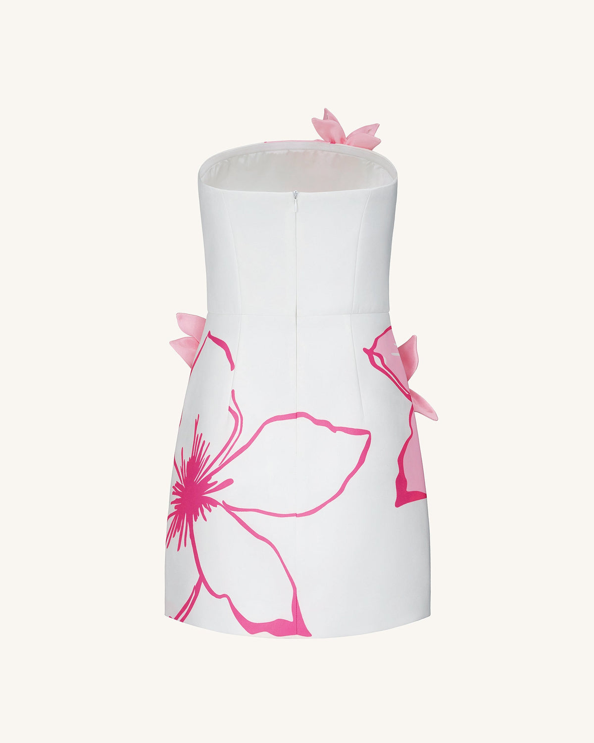 Mini Dress with Pink Floral Appliqués - White/Pink