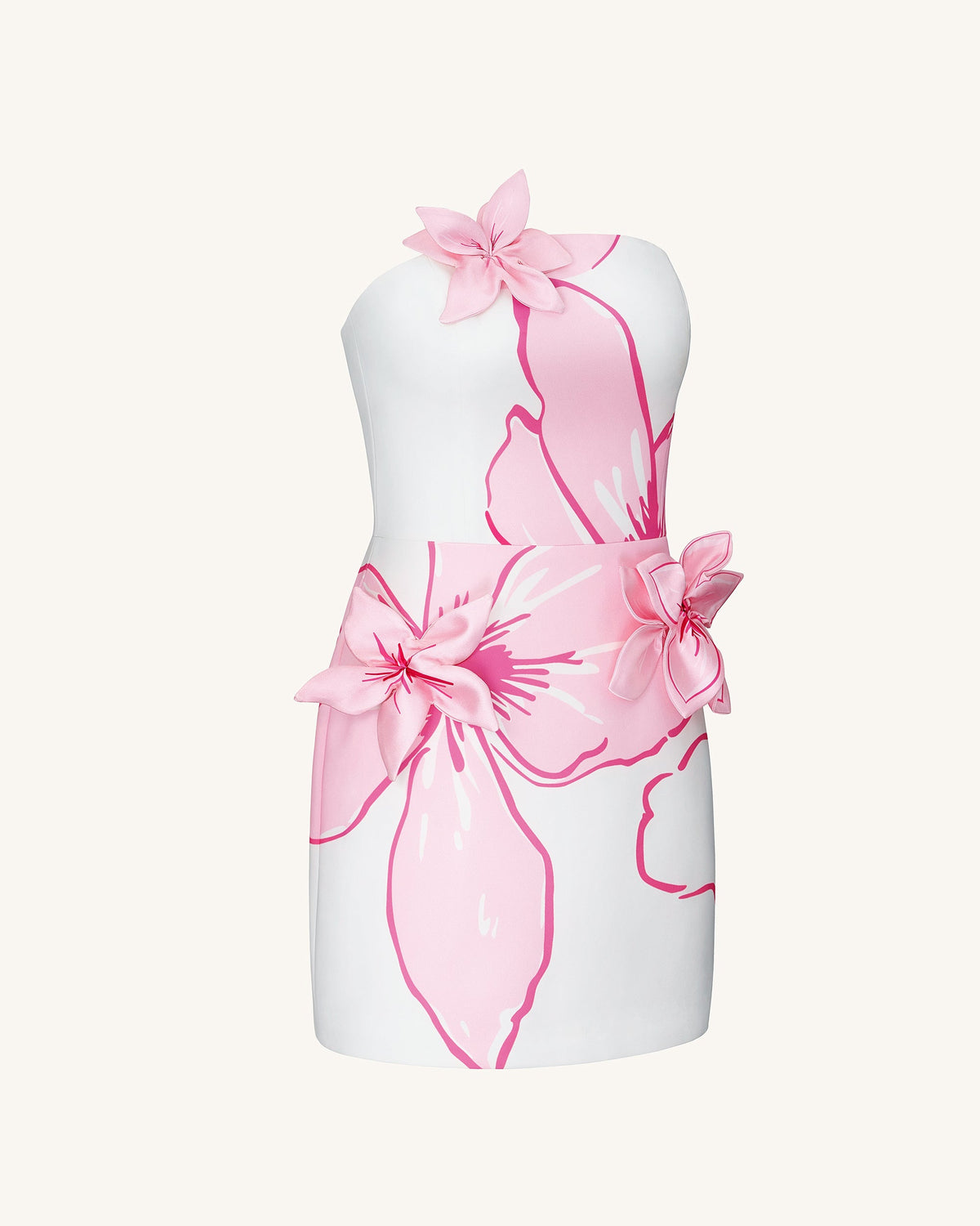 Mini Dress with Pink Floral Appliqués - White/Pink