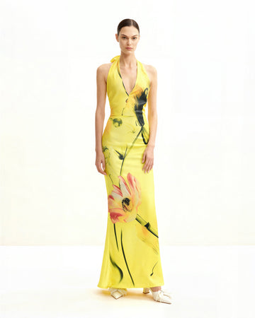 Floral Satin Halter Dress - Yellow/Pink