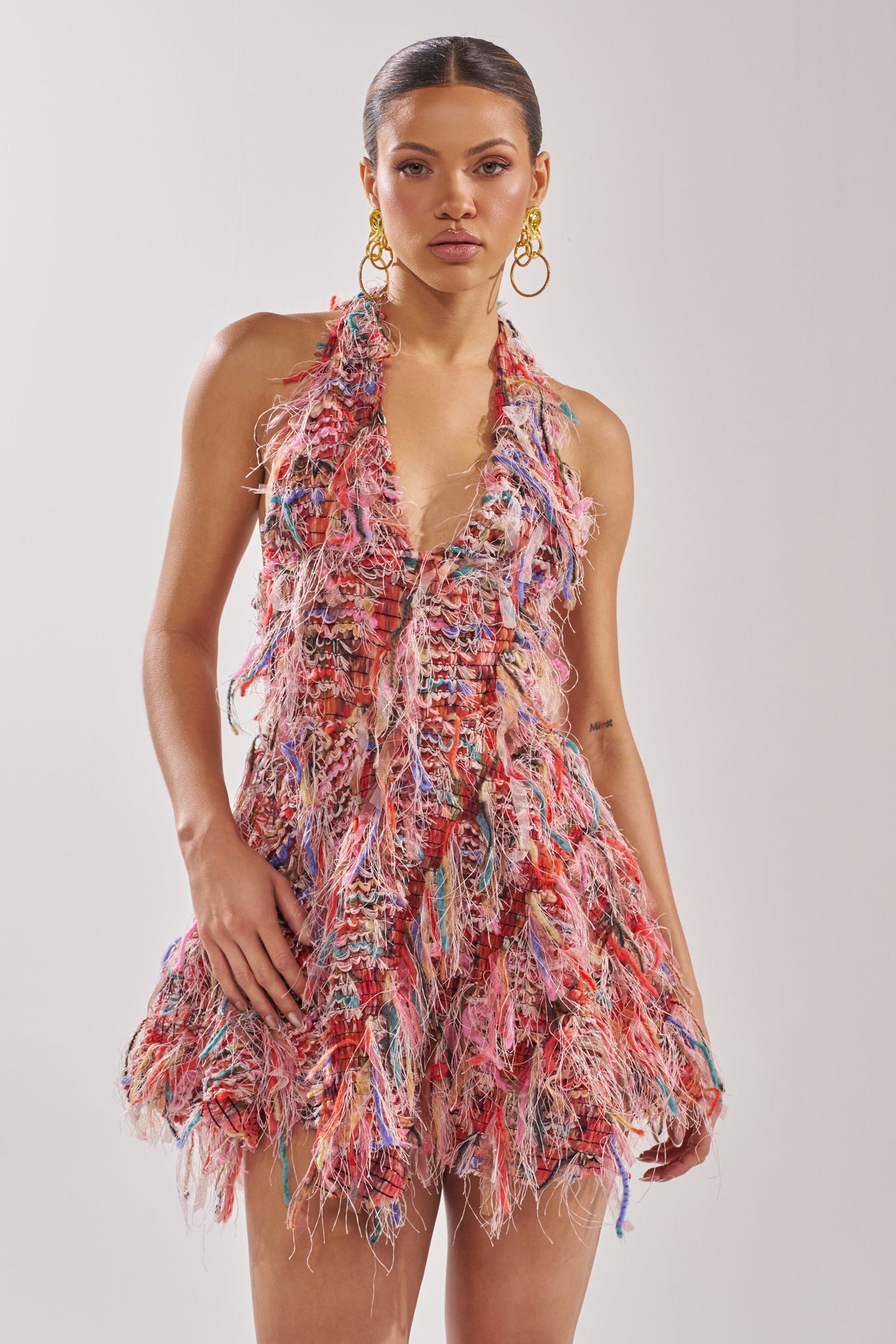Romy Fringe Mesh Mini Dress In Pink