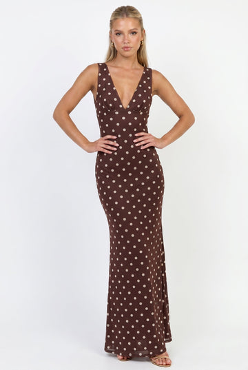 Espresso Nights Polka Dot Maxi Dress