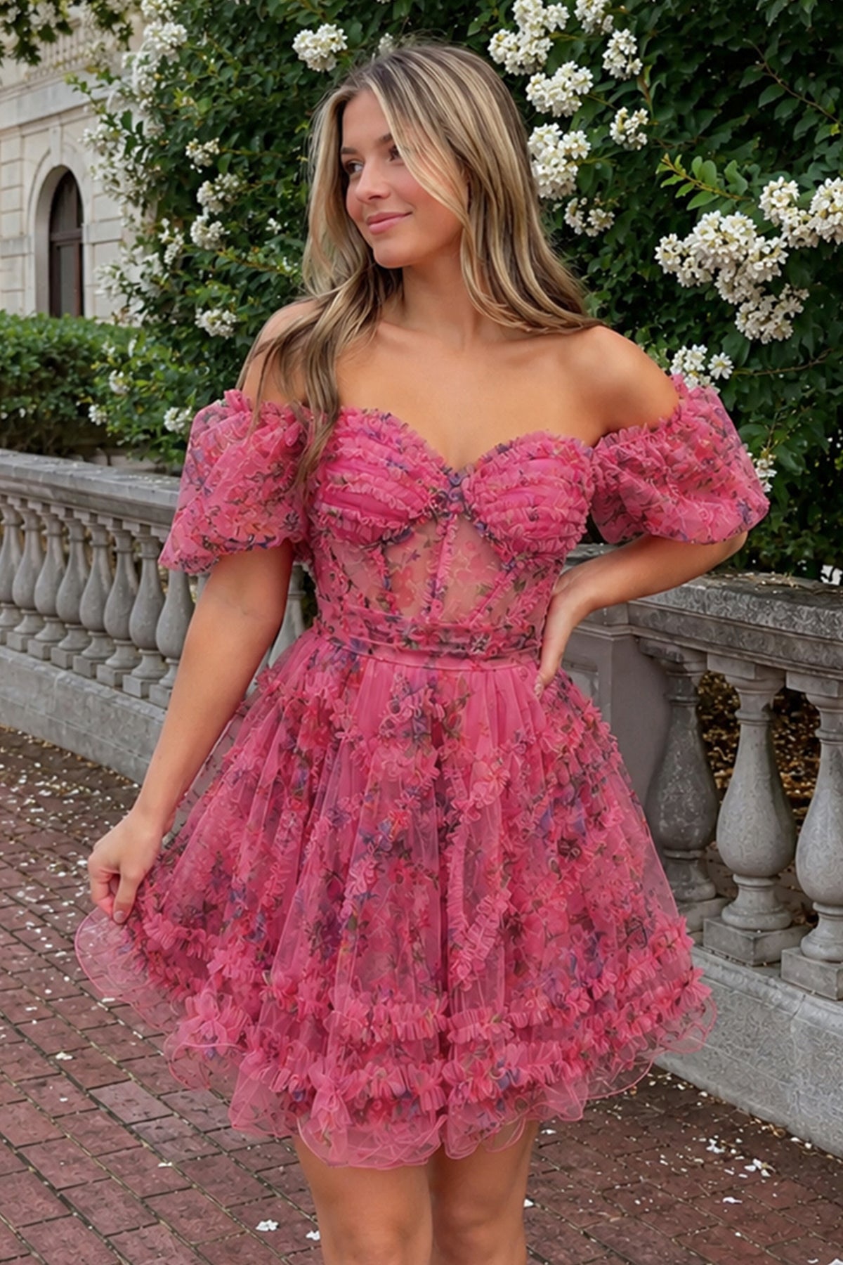 Fuchsia A Line Off the Shoulder Printed Homecoming Dress