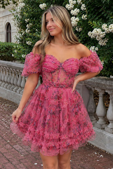 Fuchsia A Line Off the Shoulder Printed Homecoming Dress