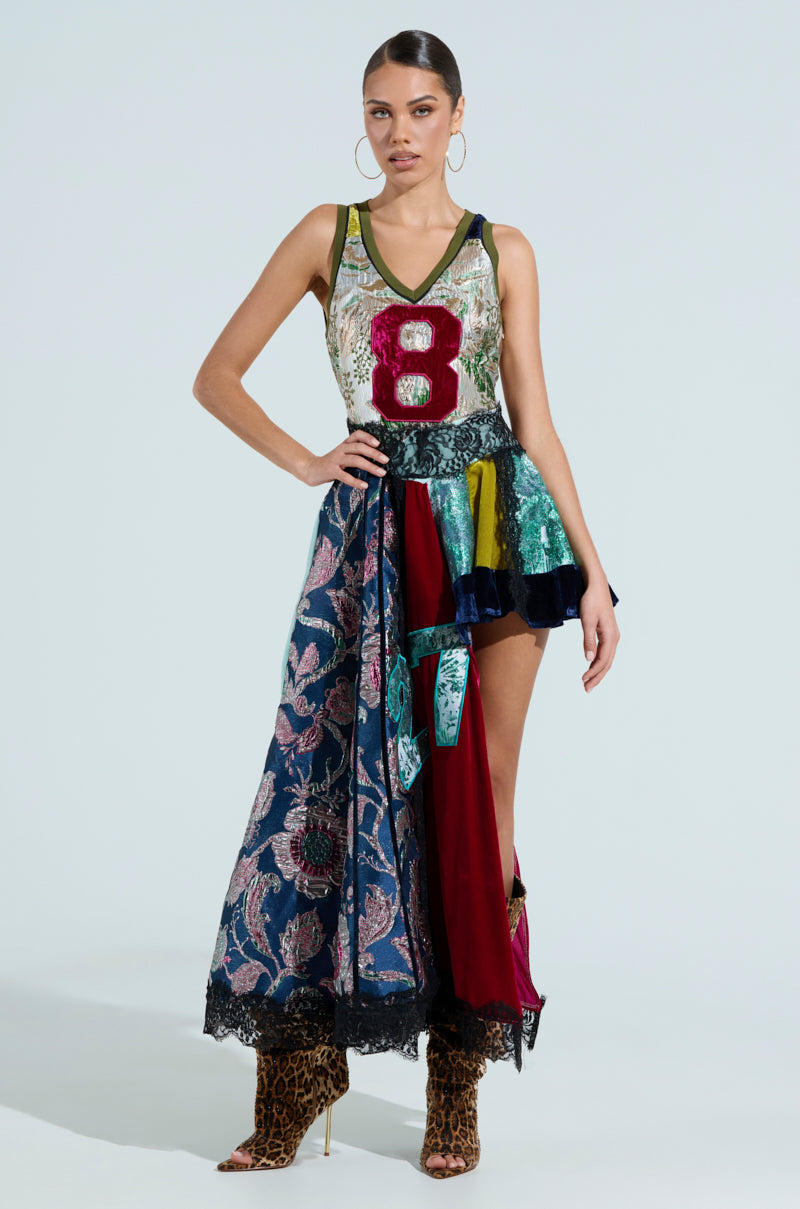 Cleat Chaser Layered Jersey High Low Dress In Brocade