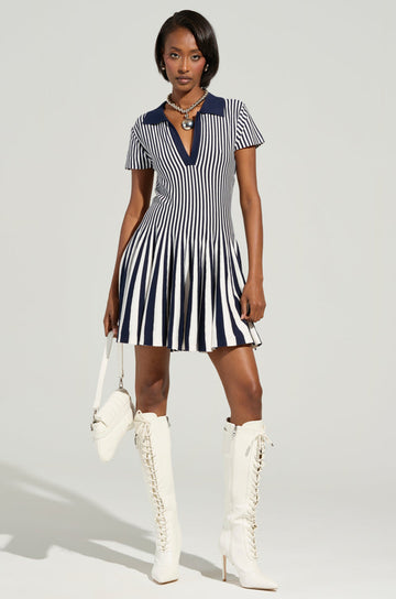 Alina Pleated Knit Fit And Flare Mini Dress In Navy