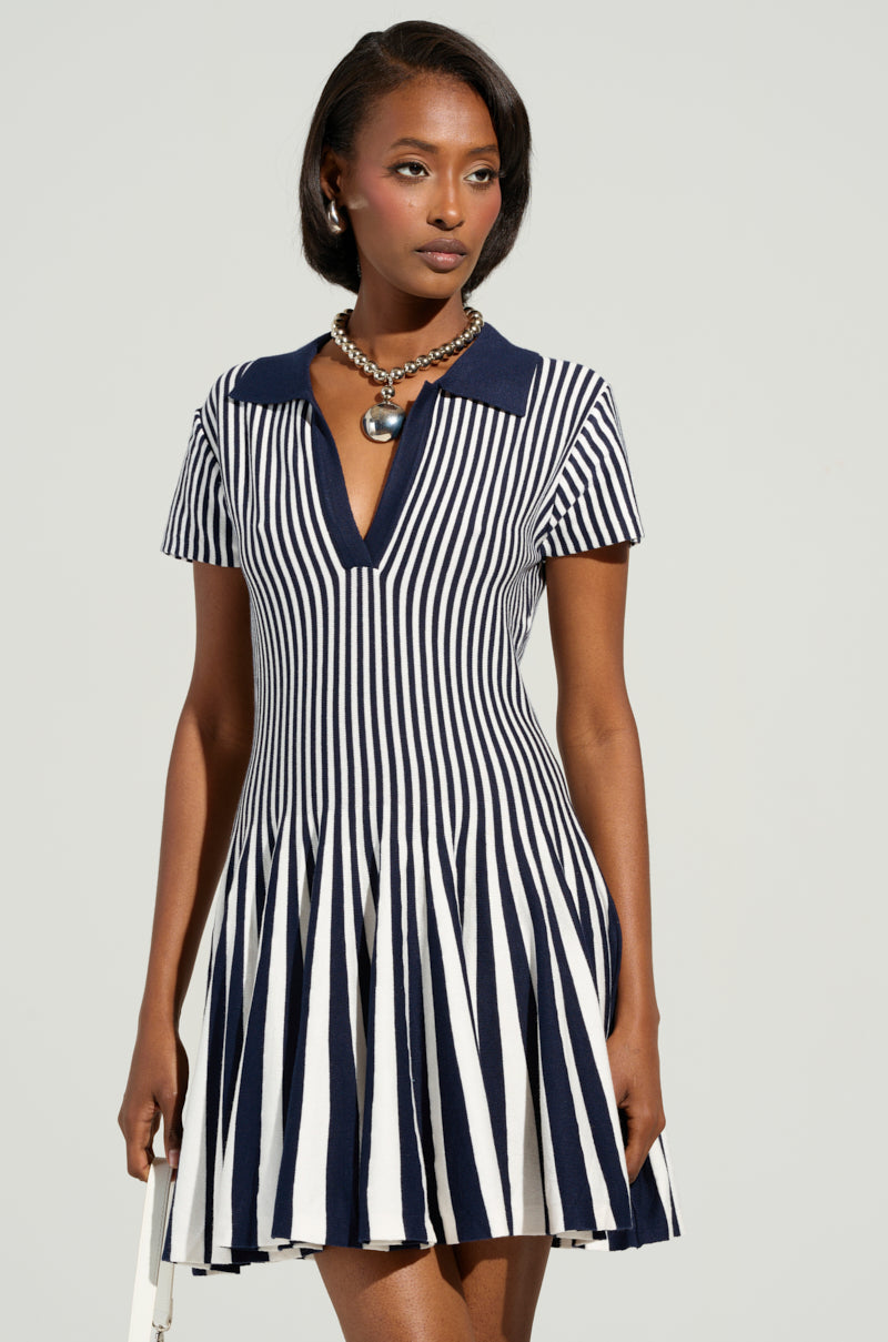 Alina Pleated Knit Fit And Flare Mini Dress In Navy