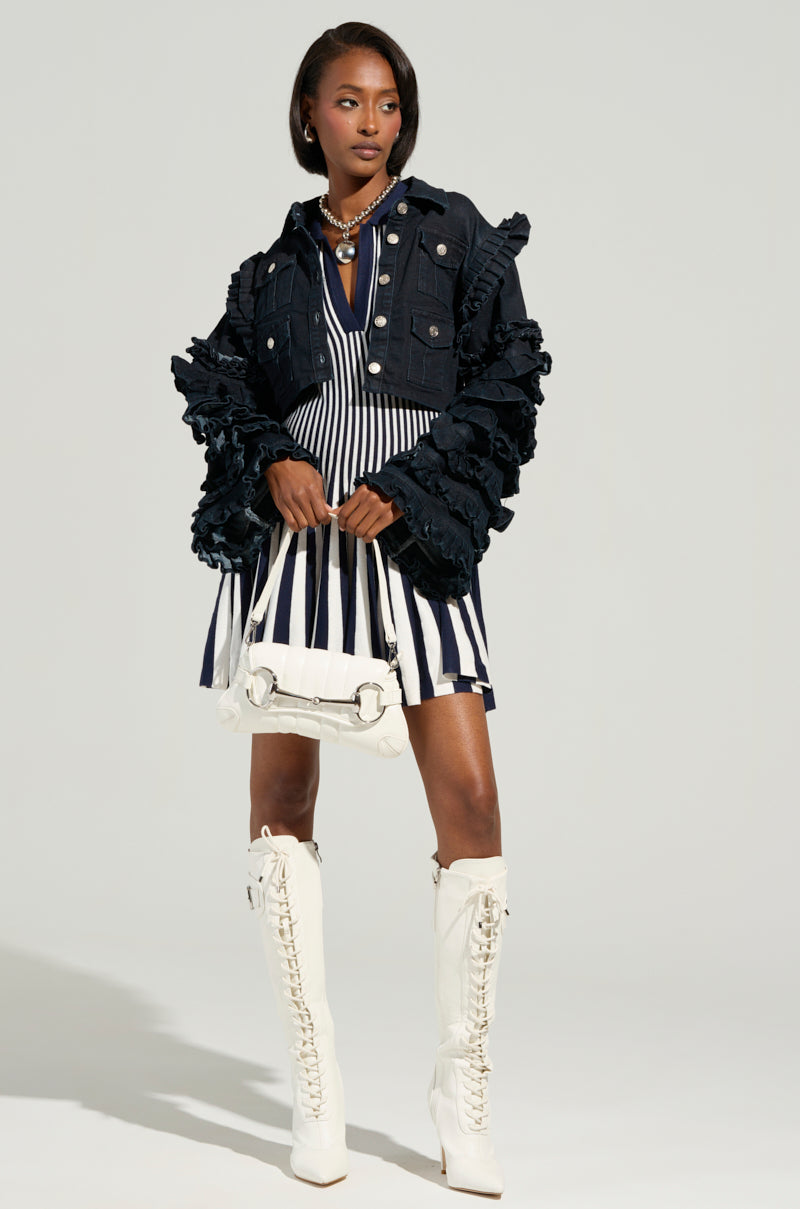 Alina Pleated Knit Fit And Flare Mini Dress In Navy