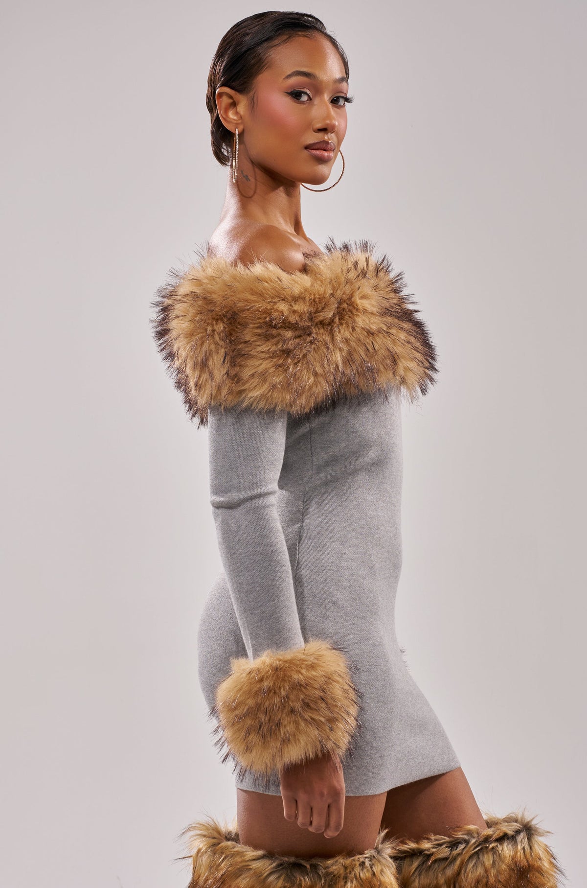 Comfy Cozy Fur Trim Mini Dress In Grey