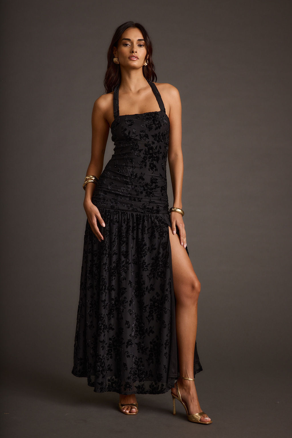 Hollow Black Burnout Halter Maxi Dress