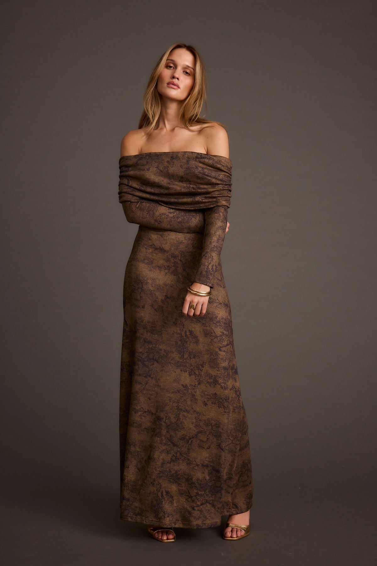 Hollis Mocha Blur Off the Shoulder Maxi Dress