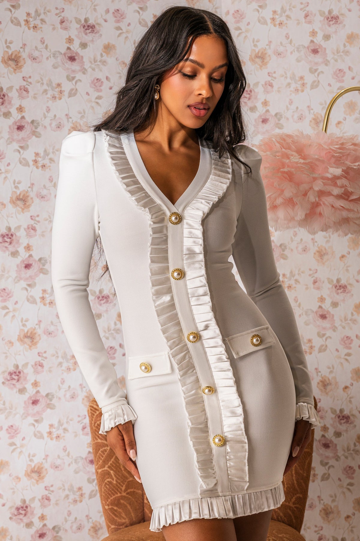 Sakura Bandage Ruffle Mini Dress In White