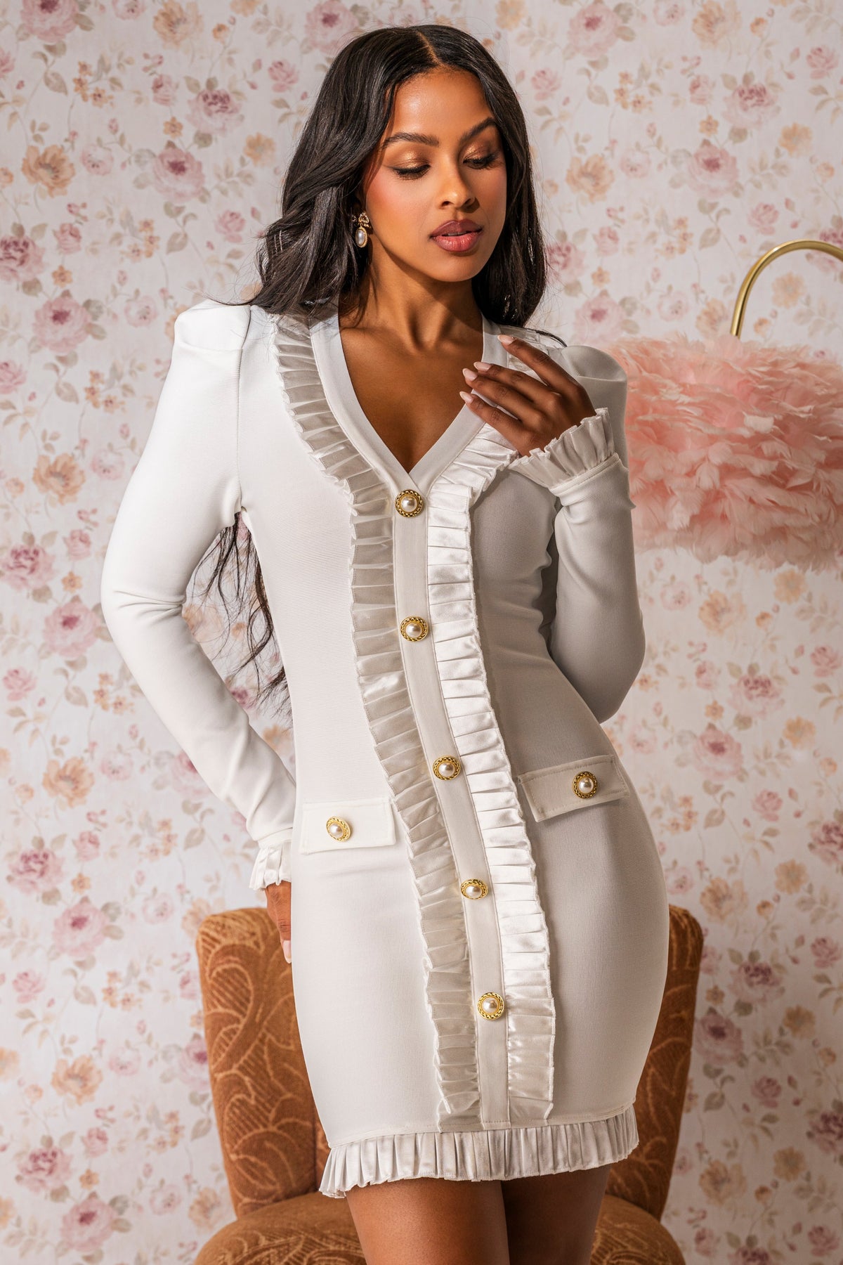 Sakura Bandage Ruffle Mini Dress In White