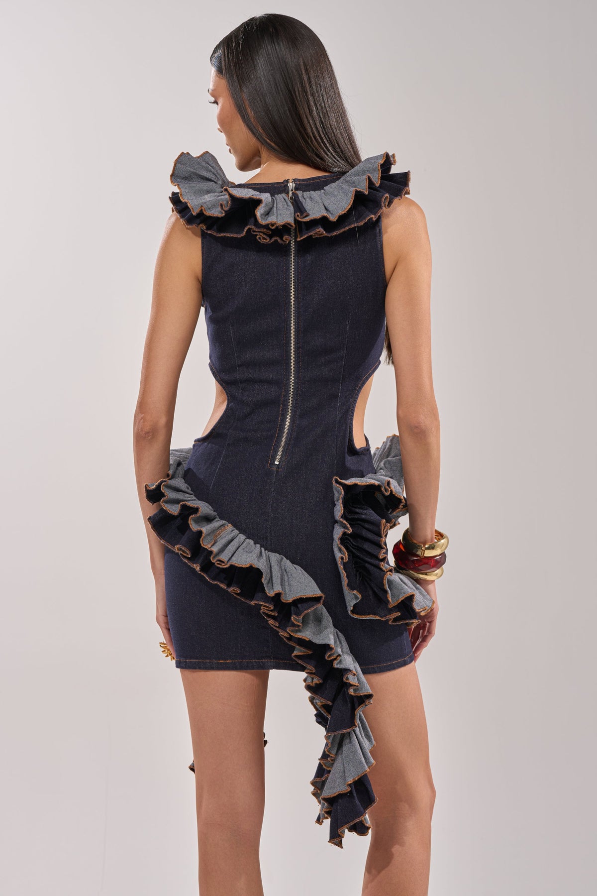 Say It Again Ruffled Denim Mini Dress In Dark Blue Denim