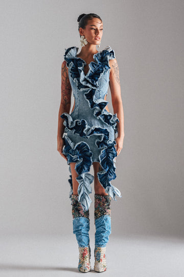 Say It Again Ruffled Denim Mini Dress