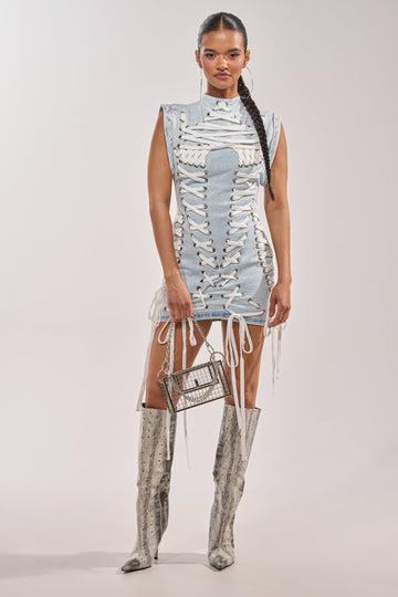 All About It Lace Up Mini Dress In Light Blue Denim
