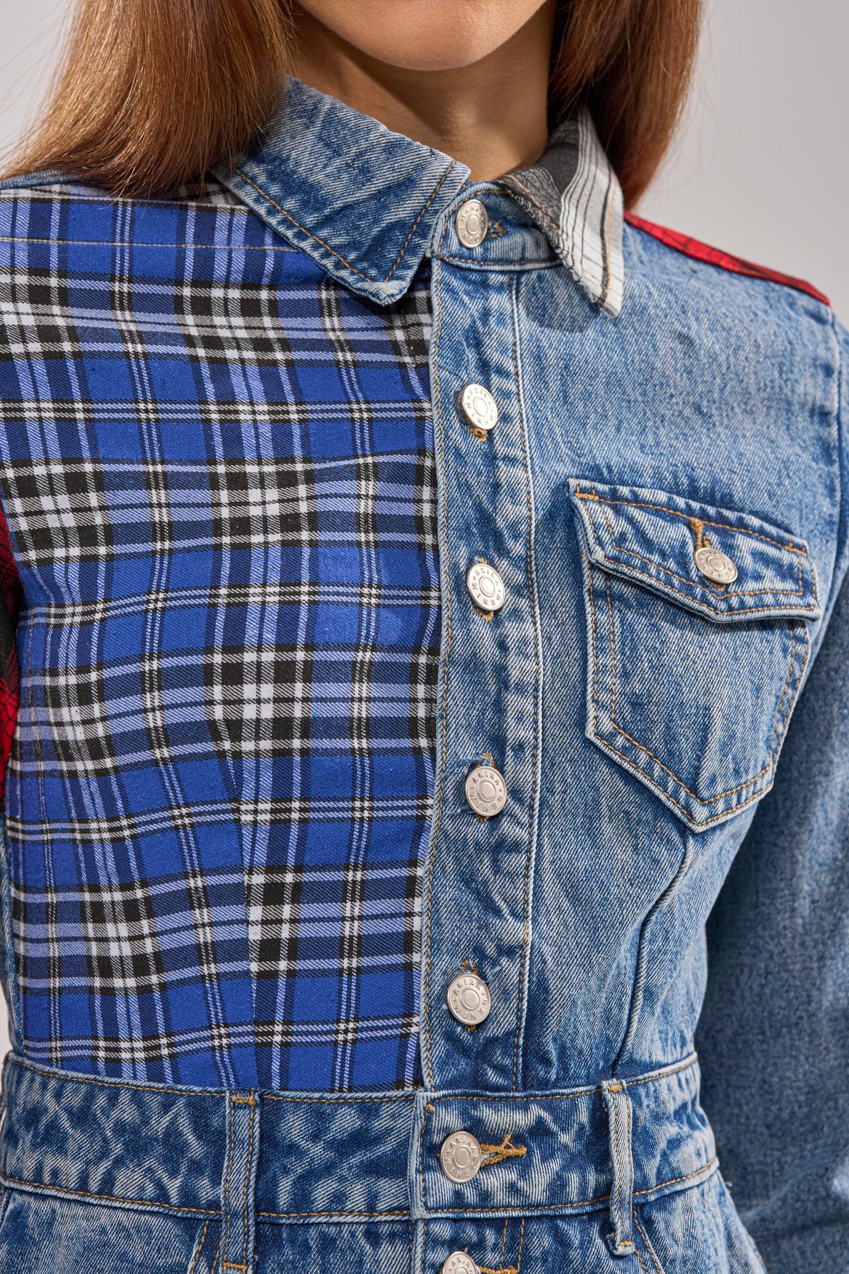Patchwork Plaid Denim Mini Dress
