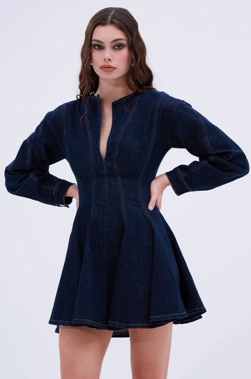 All About My Business Denim Mini Dress In Dark Blue