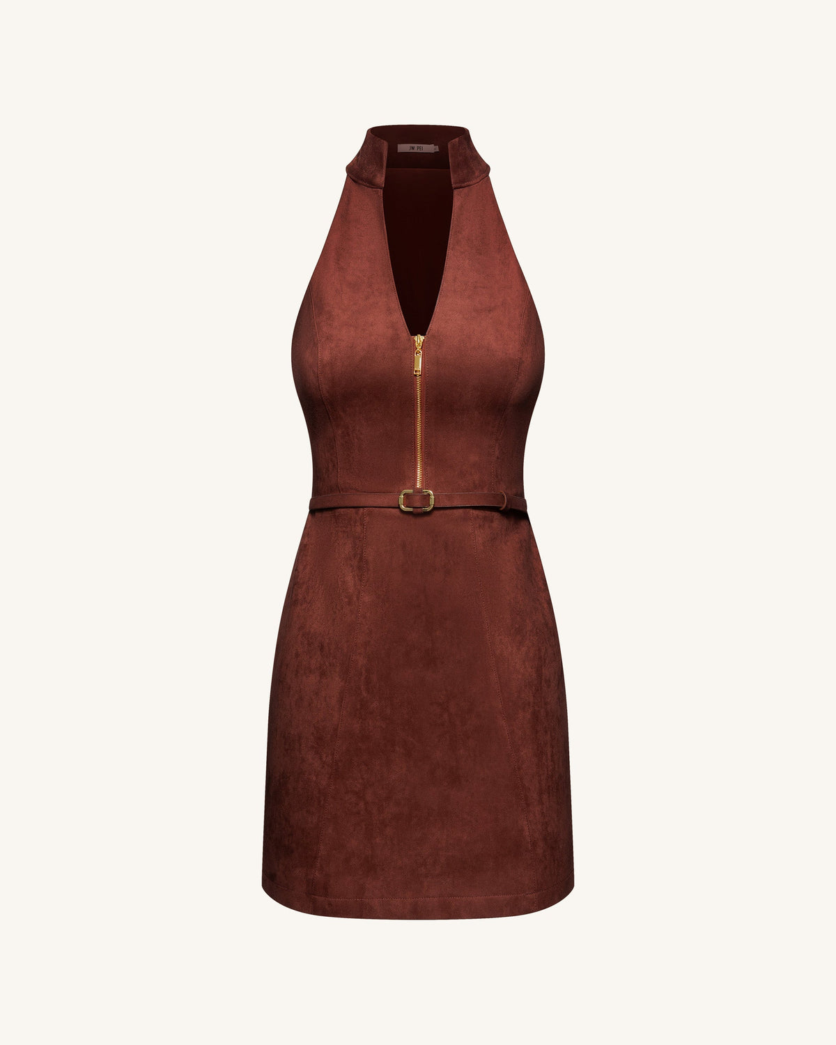 Faux Suede Halter Neck Zip-Front Mini Dress - Burgundy