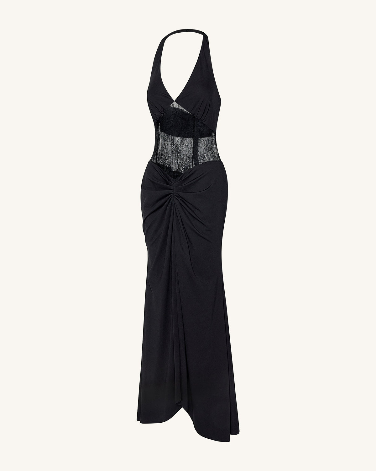 Ruched Lace Panel Maxi Dress - Black