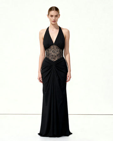 Ruched Lace Panel Maxi Dress - Black