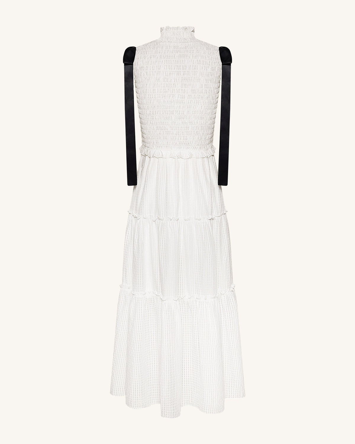High-Neck Sleeveless Smocked Three-Tier Maxi Dress - White