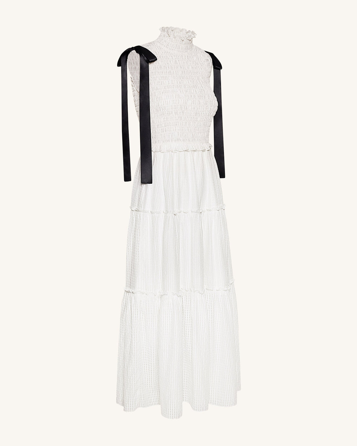 High-Neck Sleeveless Smocked Three-Tier Maxi Dress - White
