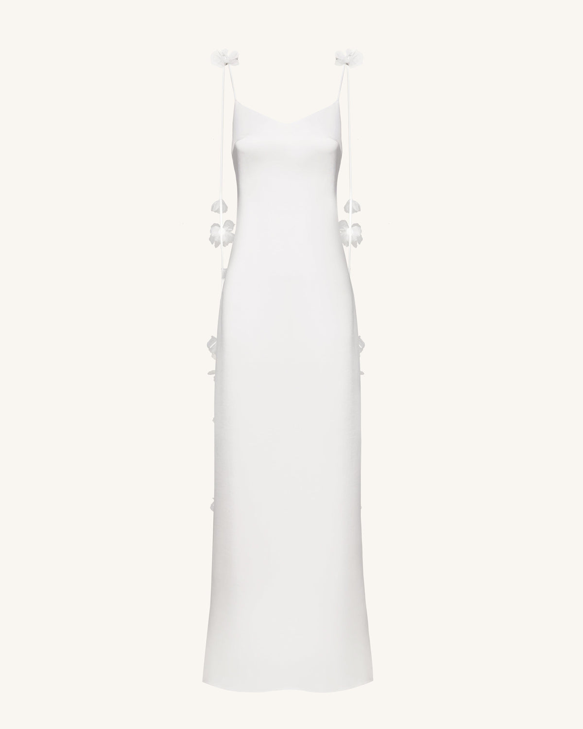 Satin Strappy Maxi Dress with Floral Streamers - White
