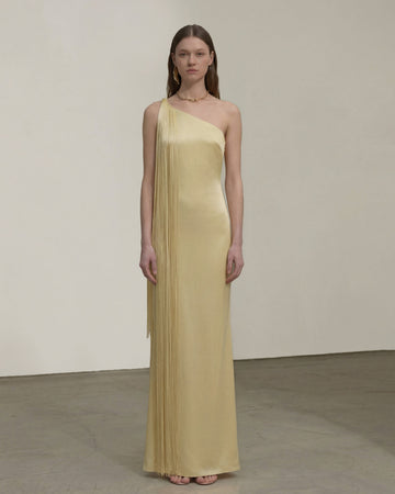Fringe One Shoulder Maxi Dress - Champagne
