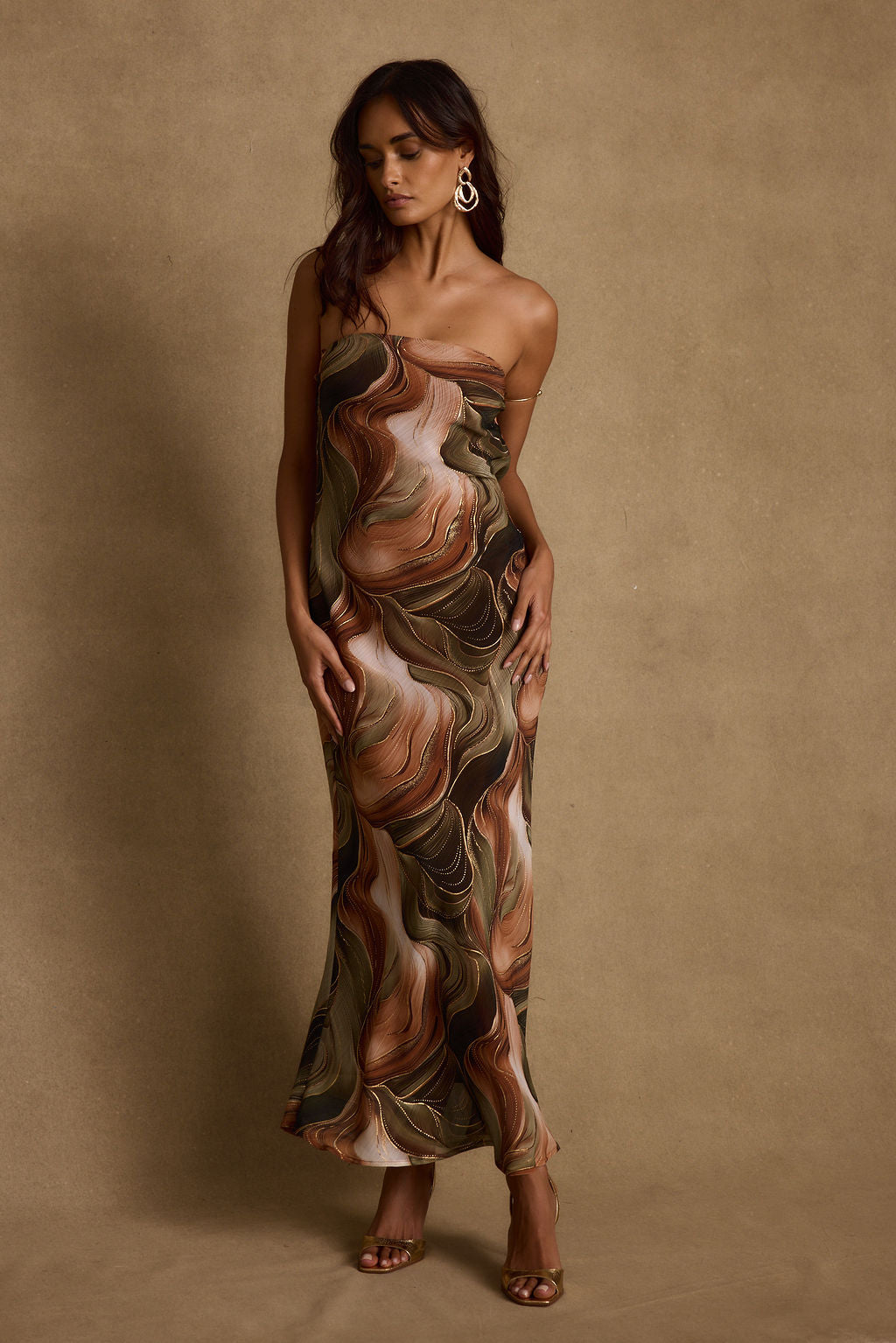 Natalia Olive and Rust Abstract Strapless Maxi Dress