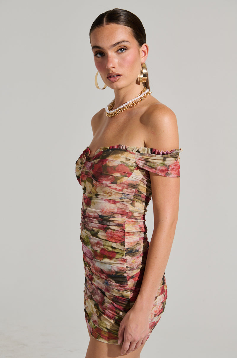 Elodi Floral Print Ruched Mini Dress