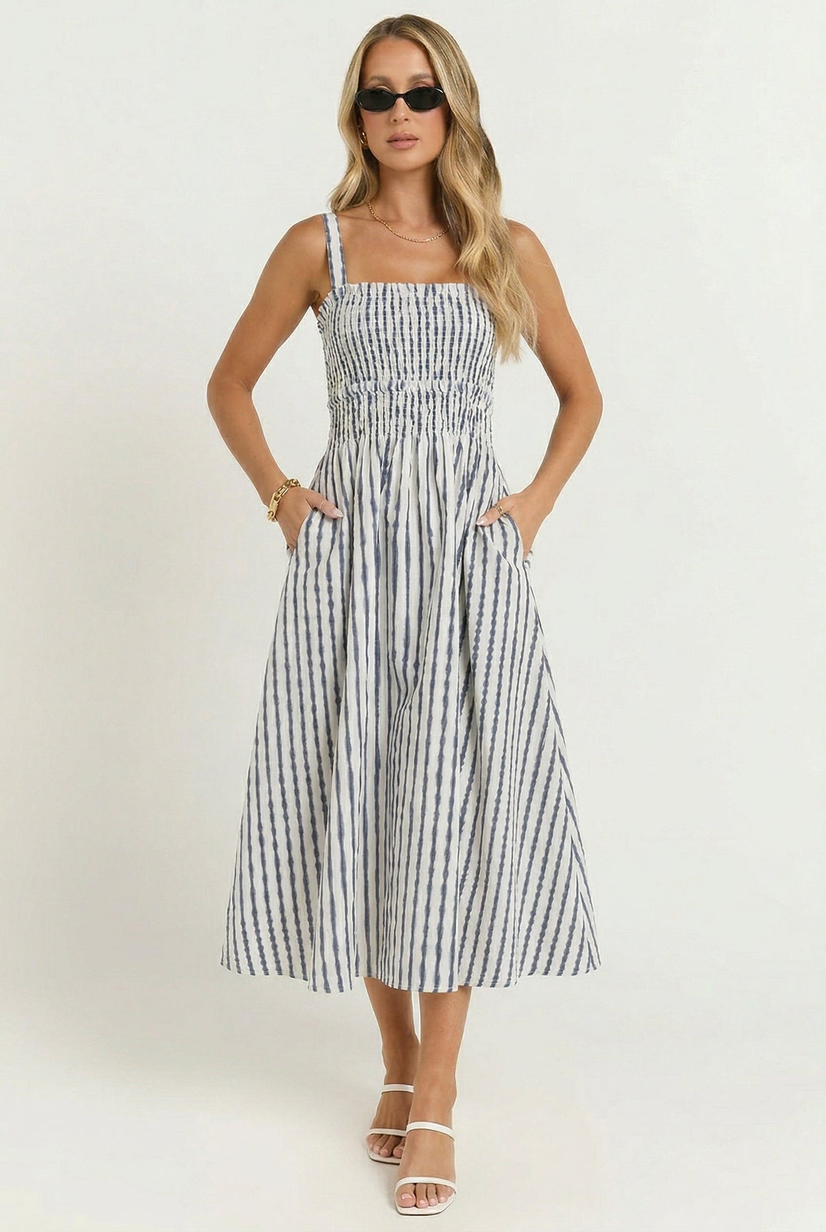 Port Café Striped Linen Midi Dress