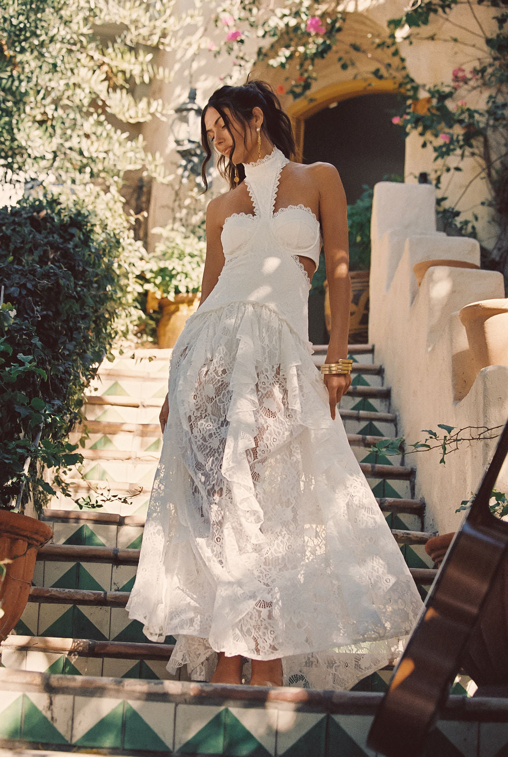 Princesa White Lace Drop Waist Maxi Dress