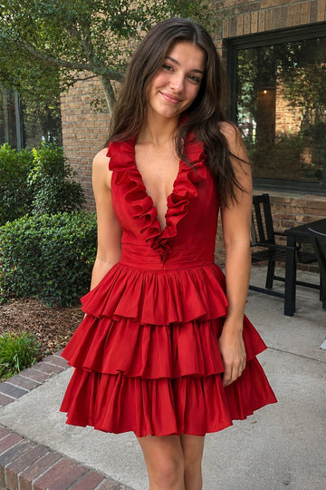 A-Line Deep Halter Satin Short Homecoming Dress with Ruffles
