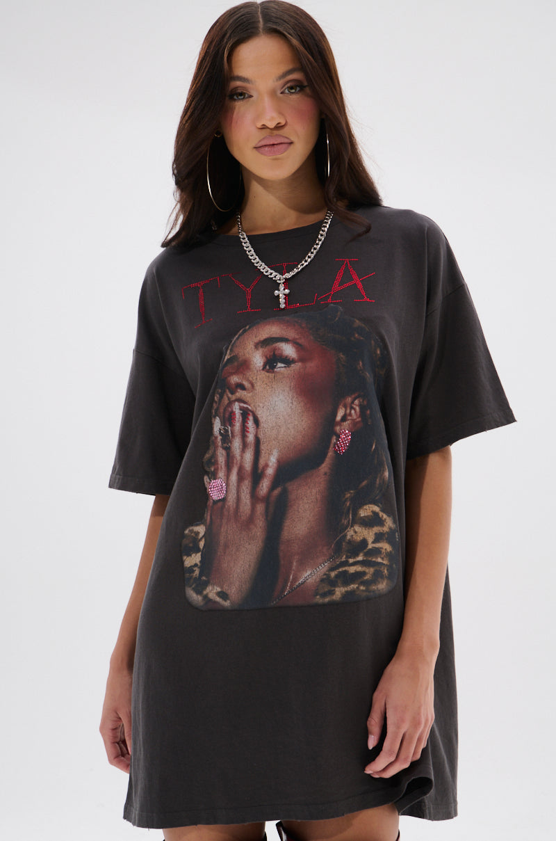 Tyla Graphic T-Shirt Dress With Distressing